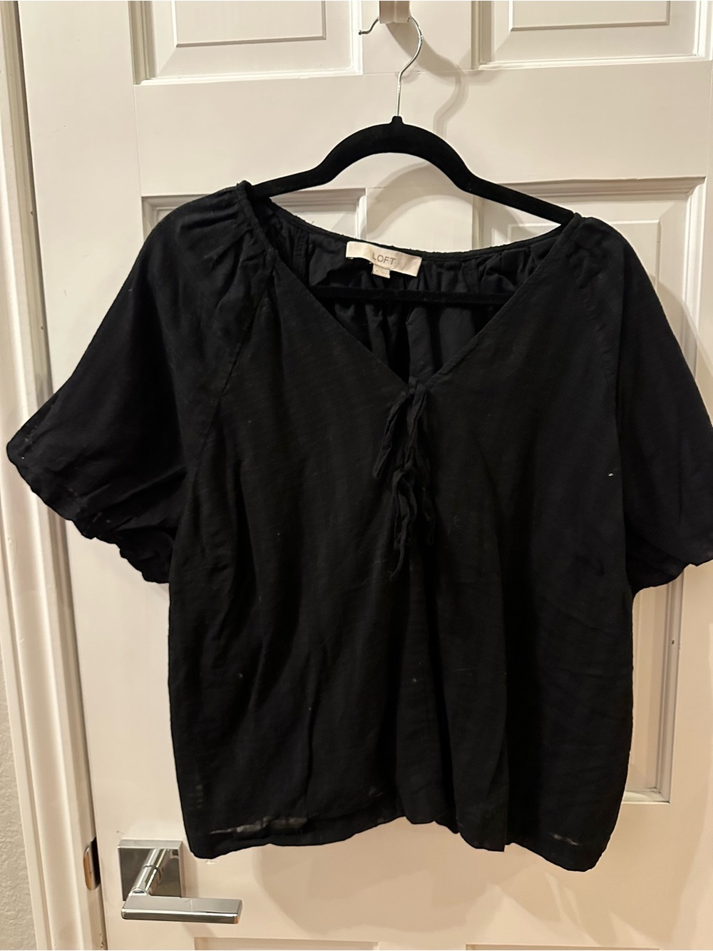 LOFT 100% Cotton Black Peasant Tie-Front Women's Top